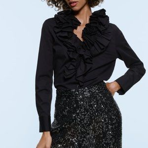 Zara Black Pleated Ruffle Neckline Poplin Shirt, NWT, XS